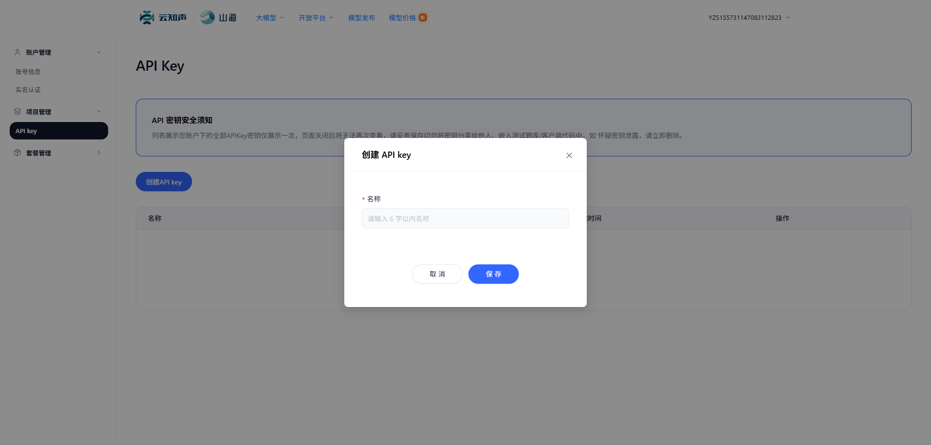 创建 API Key 界面截图